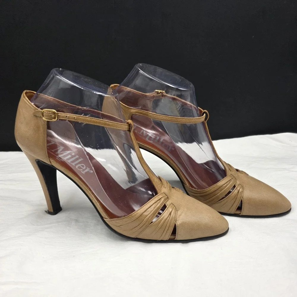 VTG I Miller Taupe‎ Leather T-Strap Heels Size 8 AA Narrow 3.5